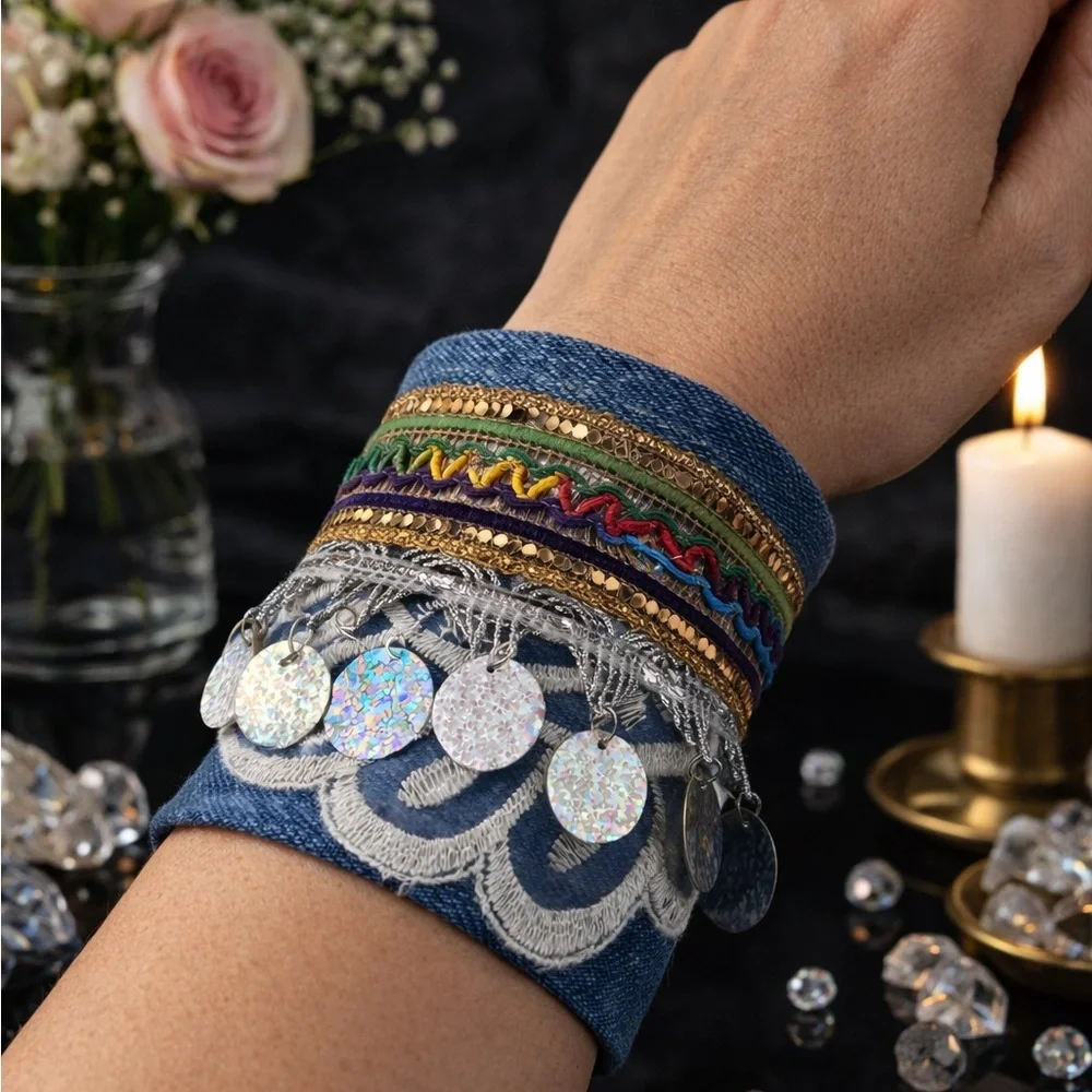 RUBYRUDI Cuff Bracelet Handcrafted OOAK Fabric Embellished Artisan Wearable Art